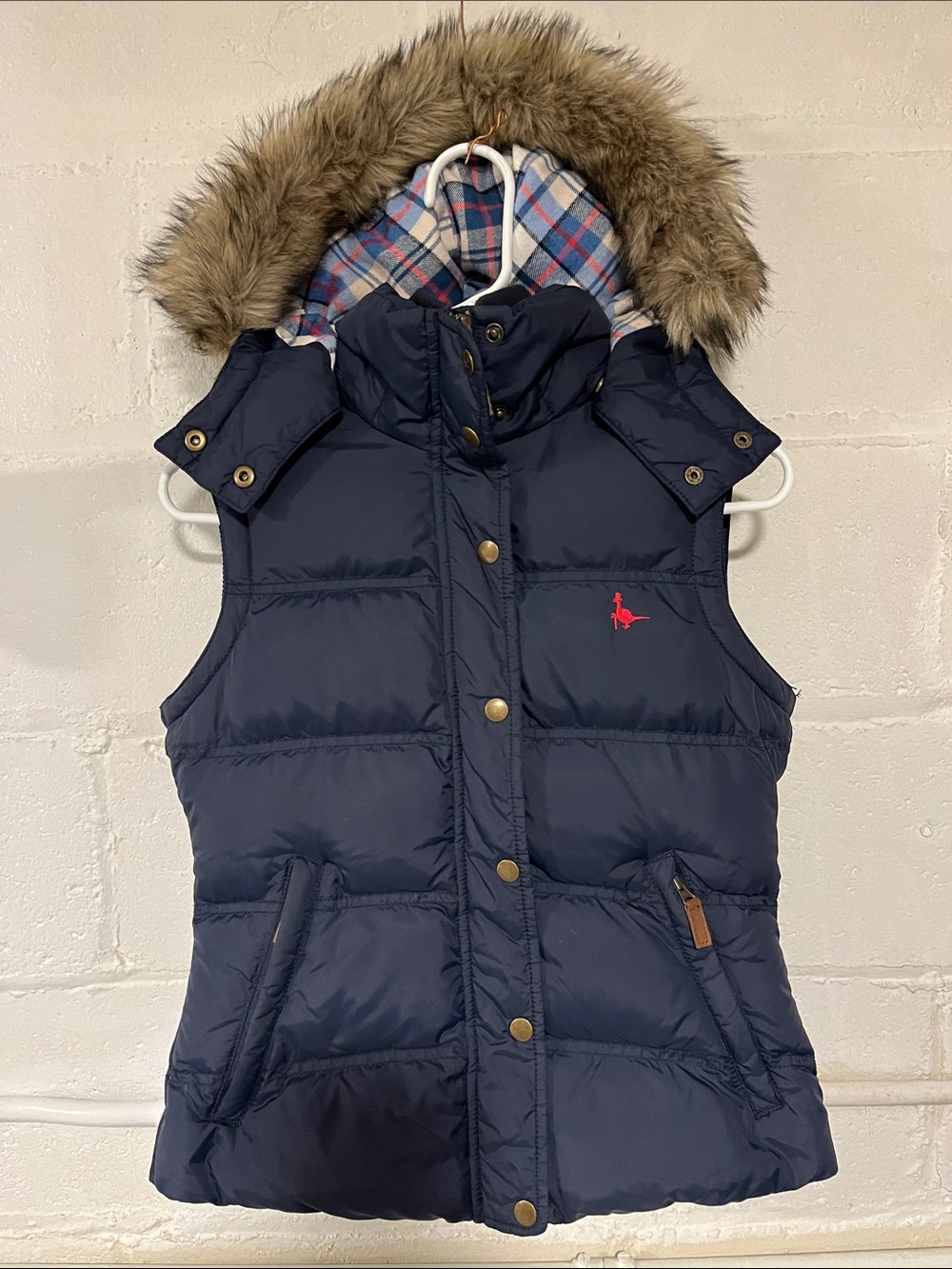 Jack Wills Navy Quilted Down Puffer Gilet with Plaid Lining England Size 2